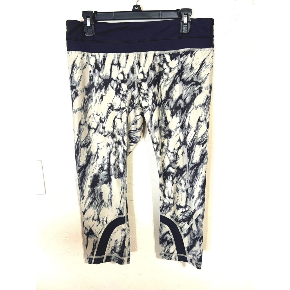 Lululemon Black White‎ Marble Print Crop Leggings Zipper Pocket Size 10 Running